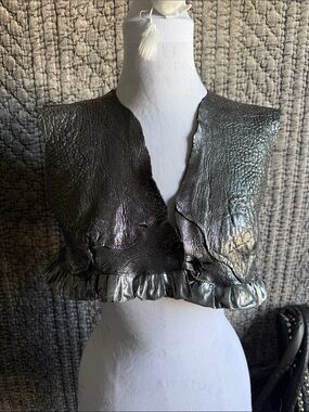 Metallic Black and Silver Cropped Ruffle Hem Vest 100%Italian Leather.